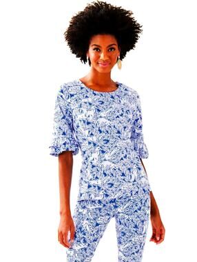Lilly Pulitzer Fiesta Top Coastal Blue Size 8 Ruffle Sleeve Cotton Poplin NWT